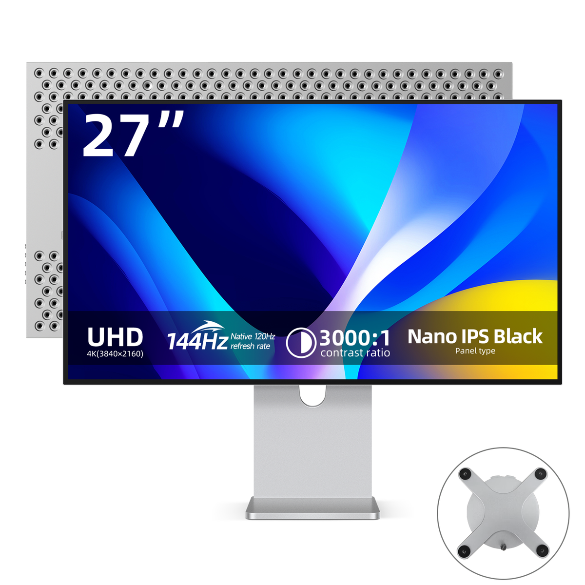 Fyniox 27" 4K UHD 144Hz gaming monitor, Nano IPS Black Panel, 99% DCI-P3, 1ms, USB-C 65W, HDMI 2.1, Height-Adjustable Aluminum Stand
