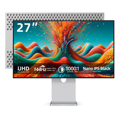Fynoix 27-inch 4K gaming monitor with Nano IPS Black panel: 144Hz, 1ms, 99% DCI-P3, Delta E<1.5. USB-C 65W reverse charging. HDMI 2.1 & DP 1.4.